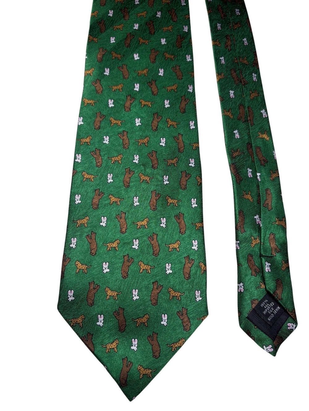 Jos. A. Bank Silk Miracle Collection Green Cheetah's Bunnies Bears Hand Sewn Tie
